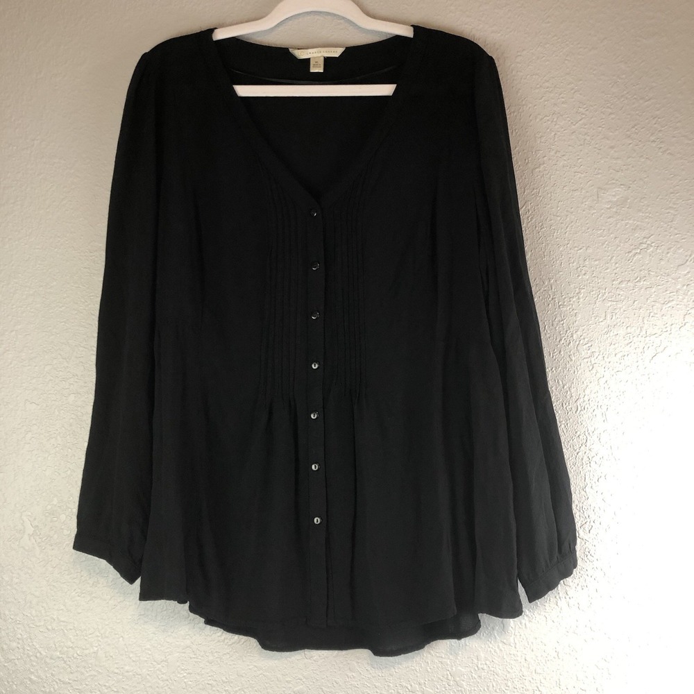 Lauren Conrad Womens Blouse XL Black V Neck Button Long Sleeve Lightweight Top